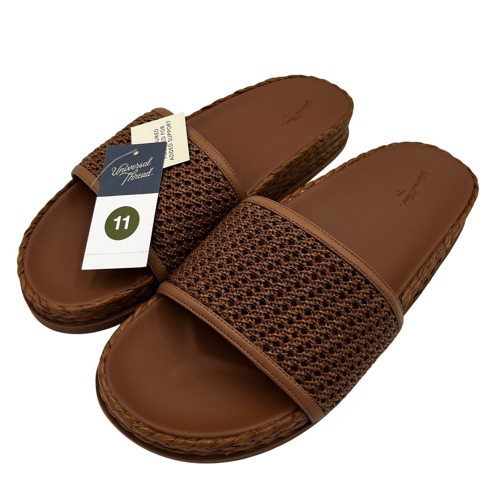 Universal Thread Women's Slides 11 Brown Woven Crochet Platform Sandals